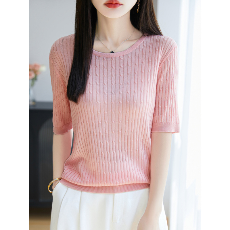 天丝圆领针织短袖女T恤女年夏季新款绞花纯色百搭上衣打底衫