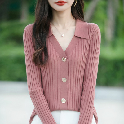 时尚翻领长袖针织开衫女士春秋新款气质显瘦毛衣洋气内搭打底上衣