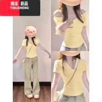 YIBUSHENG黄色一字肩上衣女季短款辣妹t恤款v领收腰修身短袖2024新款