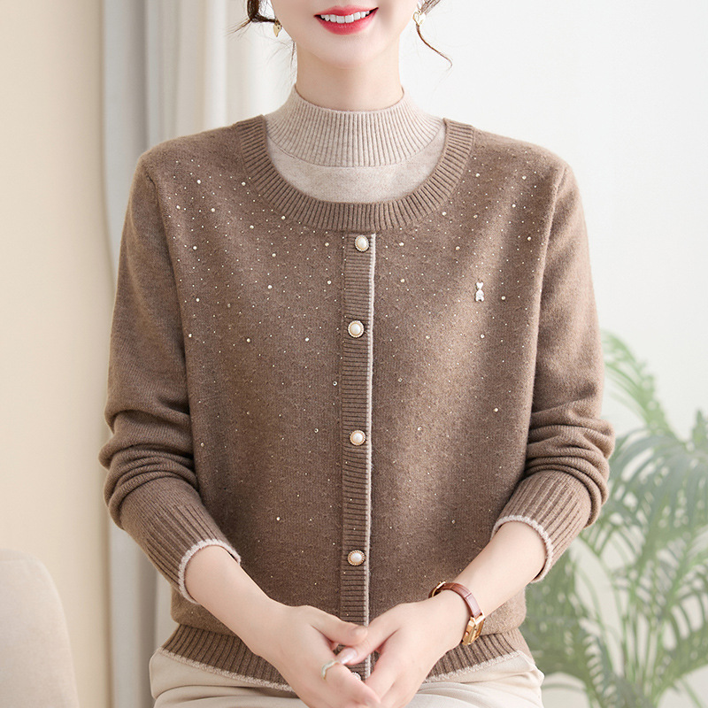 新款妈妈装假两件针织衫上衣40-60岁洋气中老年女装大码毛线衫女