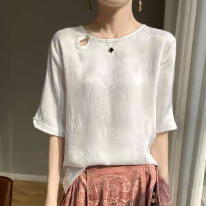 复古国风短袖T恤衫女圆领套头宽松衬衫缎面提花新中式上衣小衫夏