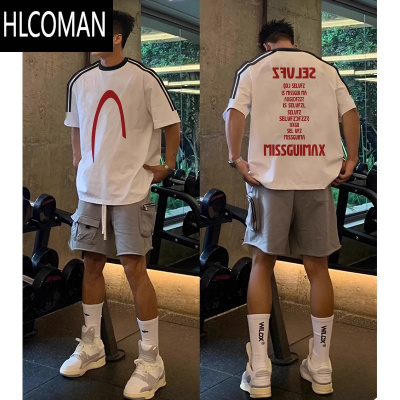 HLCOMAN潮牌个性三条杠字母短袖T恤男款夏季美式高街ins半袖上衣