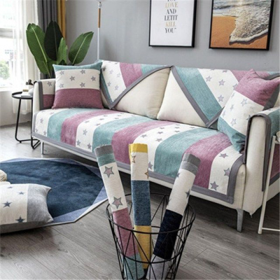 家柏饰(CORATED)沙发垫 四季通用防滑沙发巾盖布北欧简约加厚 沙发套全包套罩 雪尼尔绿紫星星 90*240cm