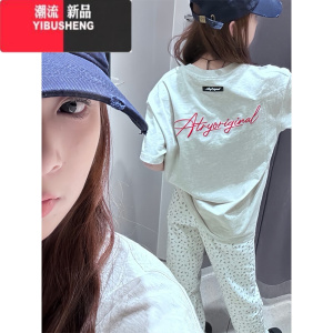 YIBUSHENG花体字母刺绣短袖t恤女2024季新款美式高街情侣装半袖上衣