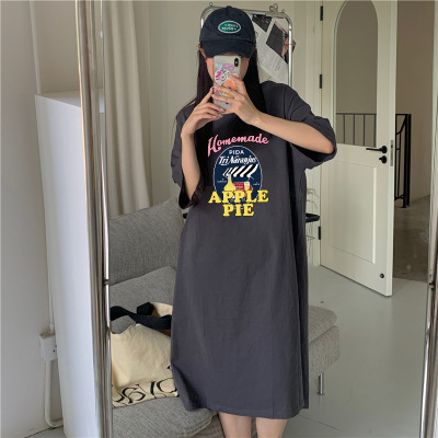 6535棉夏季新款韩版宽松字母印花学生开叉短袖中长款连衣裙女INS_941