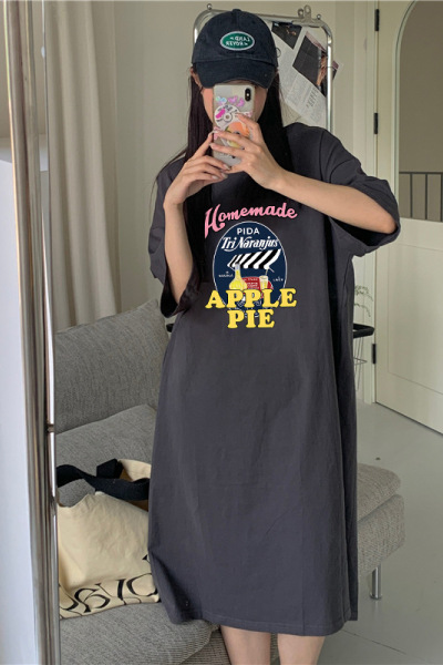 6535棉夏季新款韩版宽松字母印花学生开叉短袖中长款连衣裙女INS