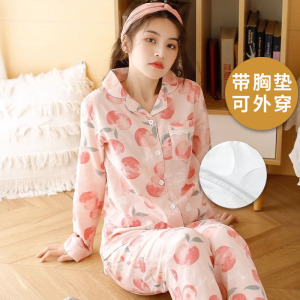 浪莎2024新款带胸垫睡衣女春秋长袖韩范可外穿家居服仿棉秋冬套装