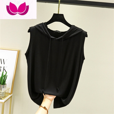 七斓莫代尔背心女夏薄款外穿无袖连帽T恤宽松打底衫大码显瘦内搭上衣