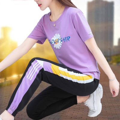 夺魅 休闲运动套装女夏季2020年新款时尚女士跑步服洋气夏天短袖两件