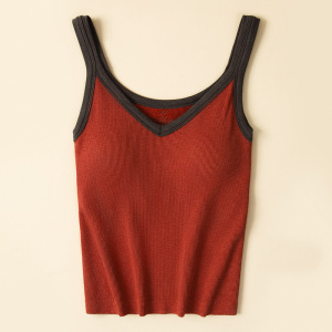 德绒保暖背心女带胸垫发热羊毛V领毛圈加绒撞色秋冬打底马甲