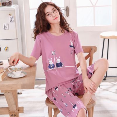 短袖睡衣女夏季休闲棉质宽松七分裤可爱女士大码家居服两件套装莎丞