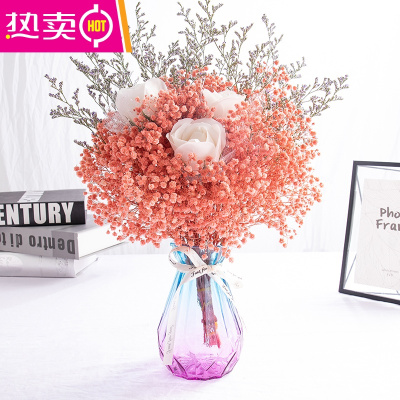 满天星干花真花花束家居客厅装饰花插花森系干花永生花带花瓶摆件FENGHOU大束琉光玻璃花瓶（粉色满天星+白色皂花+情