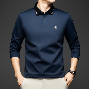 新款商务男士长袖polo打底衫宽松T恤秋季纯色爸爸装翻领