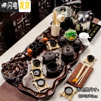 三维工匠紫砂功夫茶具套装喝茶家用简约现代整套电热磁炉实木茶杯茶壶茶盘 09全黑紫砂棕色佛盘4合1烧水套装 30件