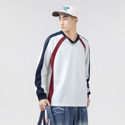 春季新款卫衣男韩版潮流撞色拼接宽松V领套头长袖上衣服男装