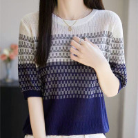 夏季新款冰丝圆领拼色渐变纹理感短袖针织衫女显瘦百搭五分袖上衣