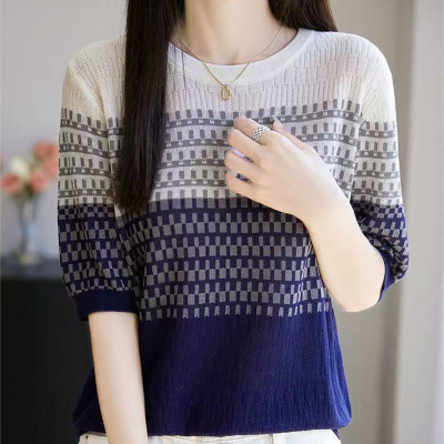 夏季新款冰丝圆领拼色渐变纹理感短袖针织衫女显瘦百搭五分袖上衣