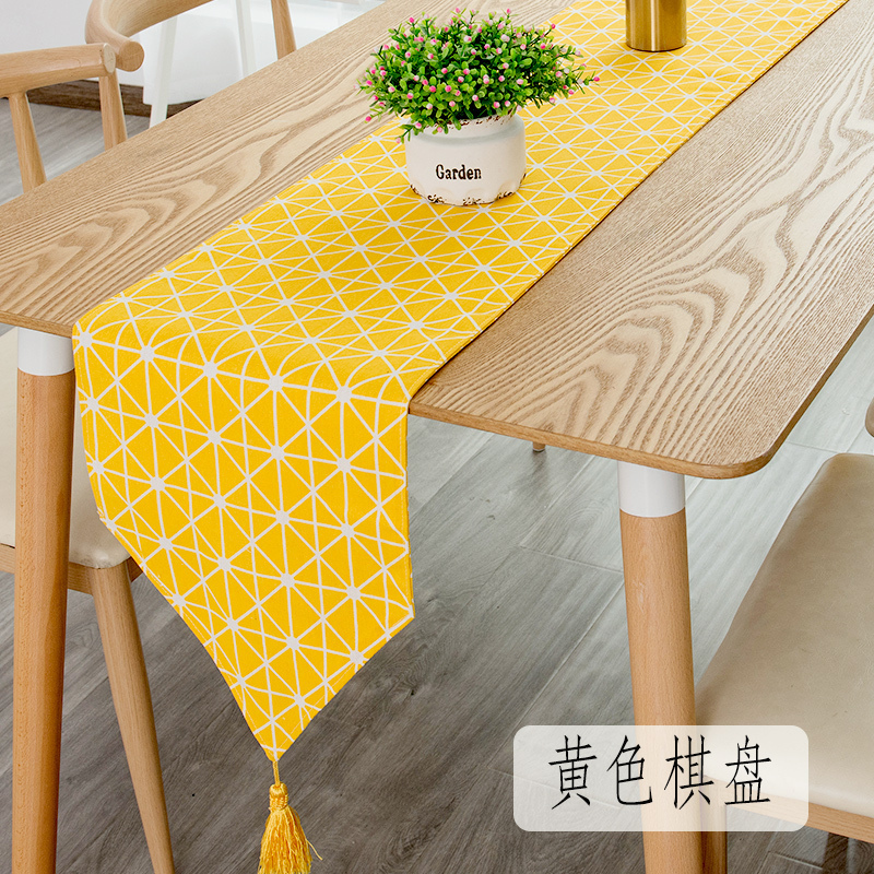 餐桌桌旗北欧现代简约家用欧式茶几桌旗轻奢民宿床旗电 黄色棋盘 30*180cm(适合120-140cm左右桌子茶几柜子)