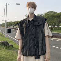 男装痞帅烟灰色毛边牛仔马甲男美式潮牌宽松工装马夹背心坎肩外套