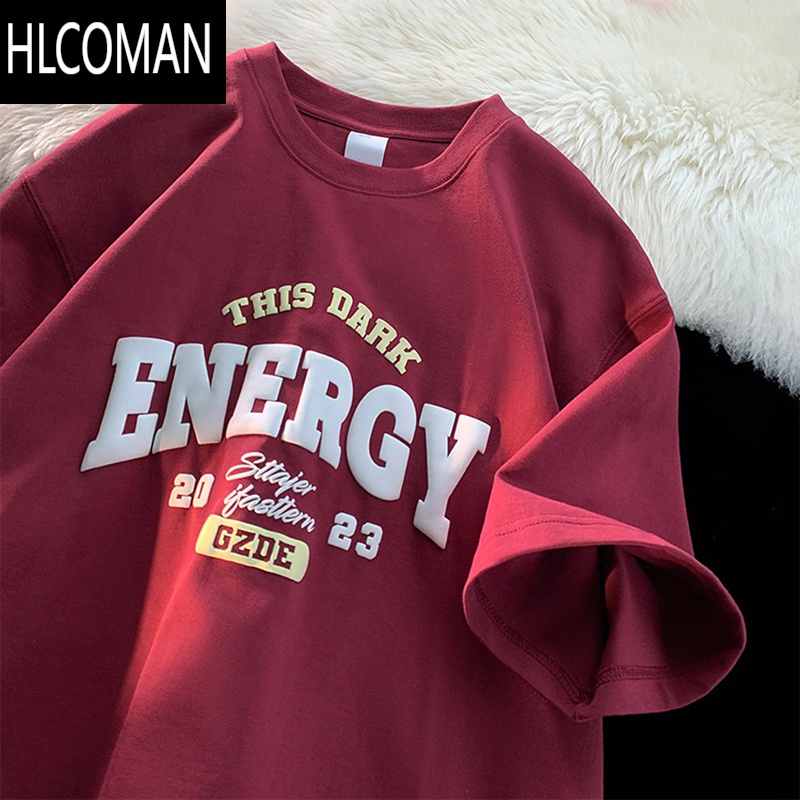 HLCOMAN酒红色美式短袖t恤男夏季2025新款宽松半袖衣服