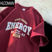 HLCOMAN酒红色美式短袖t恤男夏季2025新款宽松半袖衣服