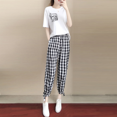闪洛2021夏季运动套装女夏装时尚潮短袖洋气格子裤夏天宽松休闲两件套