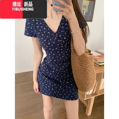 YIBUSHENG法式复古V领蓝色碎花连衣裙女季2024新款收腰显瘦气质长款裙子