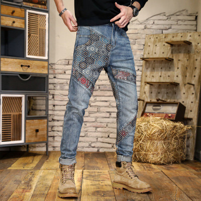 JEEP SPIRIT外贸高端牛仔裤潮牌男装街头蓝腰果花拼接舒适休闲微弹牛仔长裤男