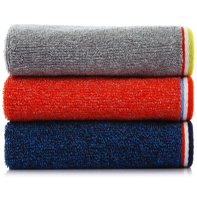 三利纯棉色织AB纱彩边毛巾3条装灰色、红色、蓝色34×74cm