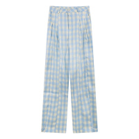 YIBUSHENG薄荷蓝格子条纹苎麻亚麻直筒休闲裤女2024季宽松垂感高腰阔腿裤