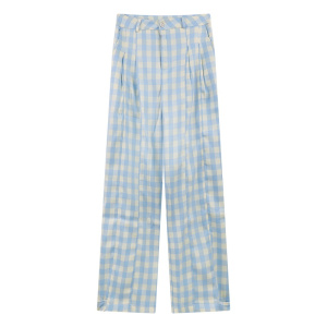 YIBUSHENG薄荷蓝格子条纹苎麻亚麻直筒休闲裤女2024季宽松垂感高腰阔腿裤