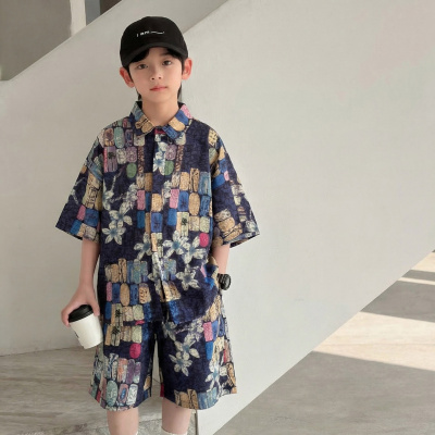 男童夏装2026新款套装时髦儿童装夏季潮男孩痞帅风短袖衬衫两件套