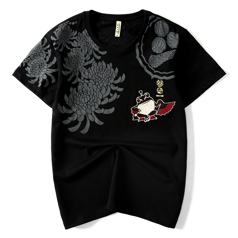 夏季新款原创日系潮牌原宿风青蛙刺绣宽松体恤大码男士短袖T恤衫CYLLWXS