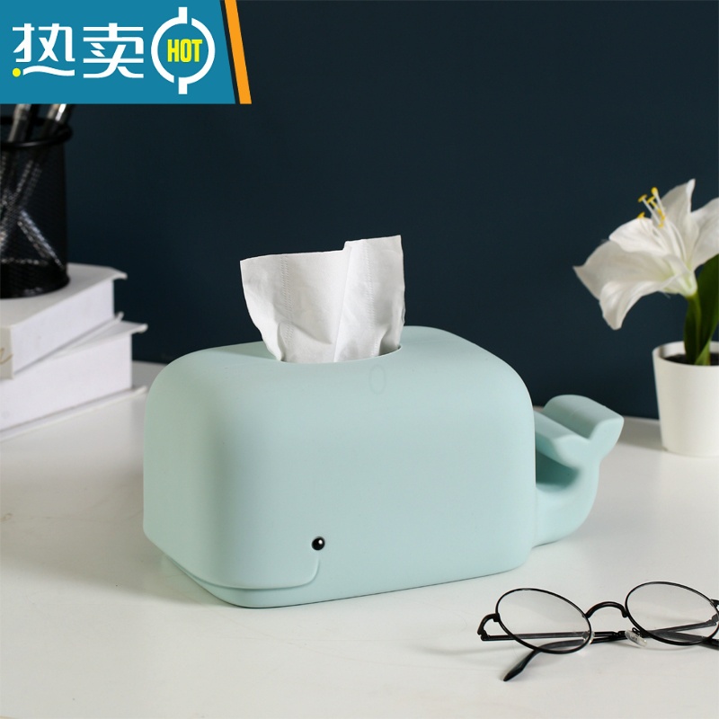 敬平儿童卡通可爱纸巾盒卧室桌面防摔可水洗抽纸收纳盒创意硅胶网红 蓝色鲸鱼(硅胶材质)
