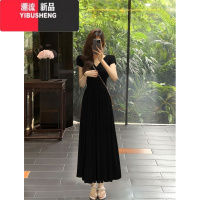 YIBUSHENG高级感法式气质v领连衣裙子女季2024新款褶皱收腰显瘦开叉长裙