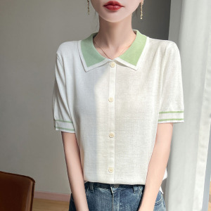 妈妈夏装短袖针织翻领T恤假开衫女装冰丝上衣遮肚子薄款小衫