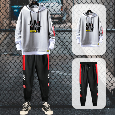 狮臣SHICHEN2020年秋季新款男士套装男长袖卫衣宽松连帽套头卫衣衫潮流百搭套装青少年休闲运动套装男装TZ9046灰色L