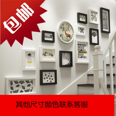 实木创意照片墙装饰楼梯装饰相框楼梯相框挂墙组合欧式自粘免打孔