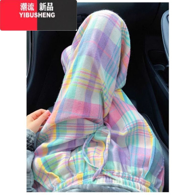 YIBUSHENG彩色格子阔腿裤女季韩版网红休闲裤高腰设计感小众宽松拖地裤潮