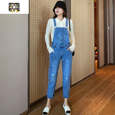 暖青汇背带裤女牛仔套装宽松韩版2020秋新款时尚磨破高腰牛仔裤显瘦百搭牛仔裤