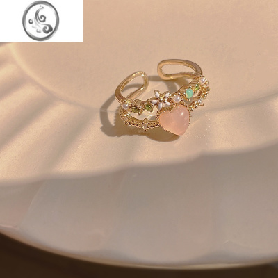 JiMi个性高级感精致指环双层花朵锆石爱心戒指女小众设计猫眼石开口戒