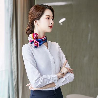 女先生女士衬衫新款韩版南航空姐白衬衫女V领长袖工作服修身空乘面试装制服衬衣