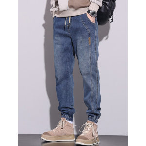 春秋男士牛仔裤休闲百搭束脚裤男气质松紧腰舒适哈伦长裤男款