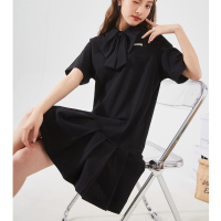 [2.5折价69元]唐狮黑色POLO裙夏季新款女装学院风针织百褶连衣裙送领结