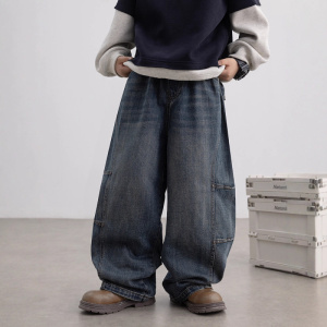 男童加绒牛仔裤秋冬款新款大男孩冬装儿童冬季一体绒加厚裤子