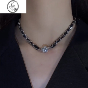 JiMi网红磁铁扣皮革项链高级中古黑色编制链条颈链个性气质独特设计 金色长度约40cm