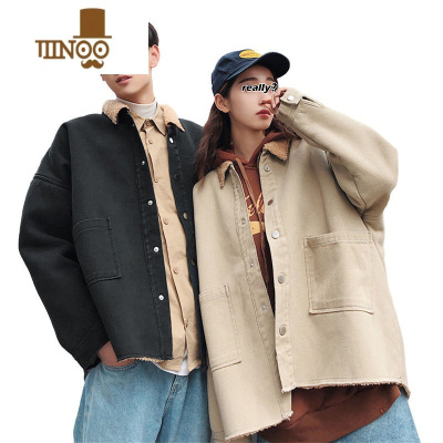 YANXU羔毛外套男潮牌宽松翻领棉衣夹克港风复古保暖情侣上衣服