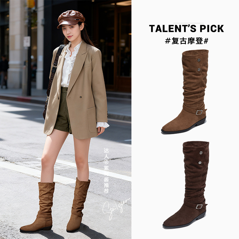 新款尖头靴子长筒靴女冬季粗跟骑士靴复古堆堆靴休闲百搭女靴