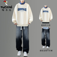 啄木鸟春秋季长袖假两件卫衣男士打底衫青少年初高中学生潮流套装