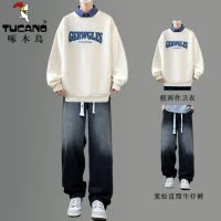 啄木鸟春秋季长袖假两件卫衣男士打底衫青少年初高中学生潮流套装